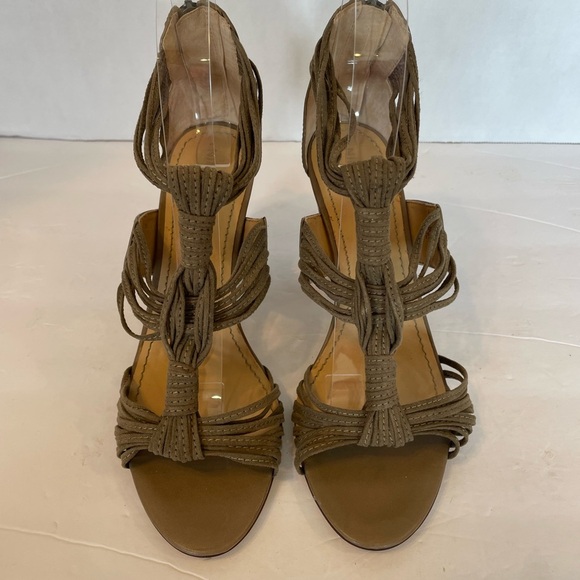 Nine West tan suede strappy zipper back open toe heels shoes size 6 1/2 M - Picture 1 of 9